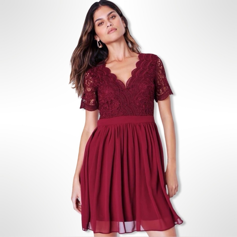 Lulus Angel in Disguise Lace Skater Dress Burgundy Holiday Dress Size Medium